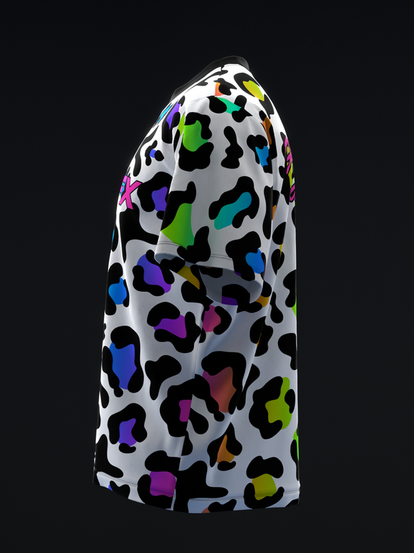 White bowling jersey with vibrant neon leopard print pattern, front view