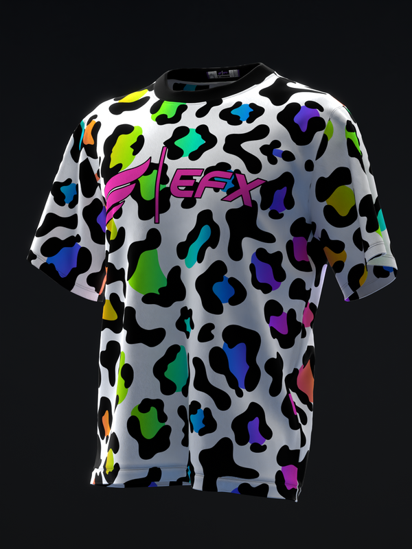 White bowling jersey with neon multicolored leopard print pattern and purple EFX logo