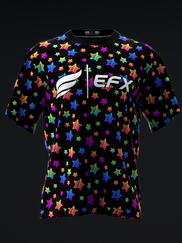 Black bowling jersey with colorful neon stars pattern and EFX logo front view