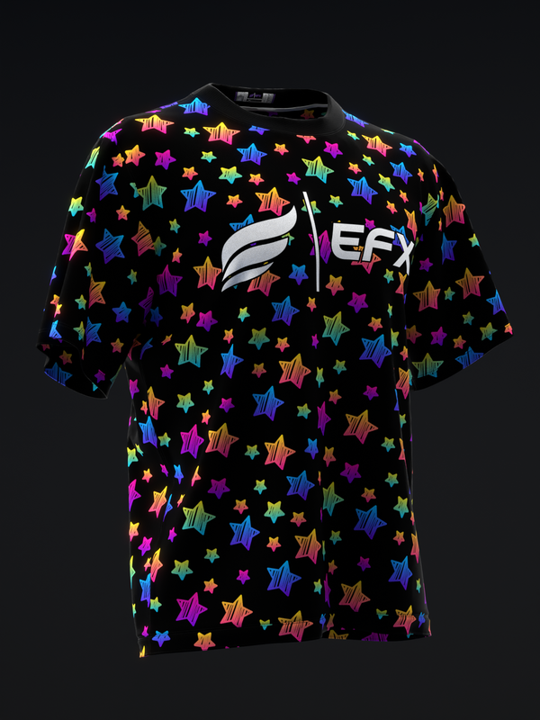 Black bowling jersey with multicolor neon stars pattern and EFX logo, front view