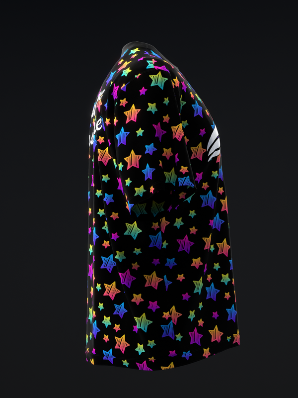 Black bowling jersey with colorful neon stars pattern, side view