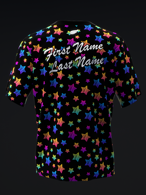 Black bowling jersey with colorful neon stars and personalized name text