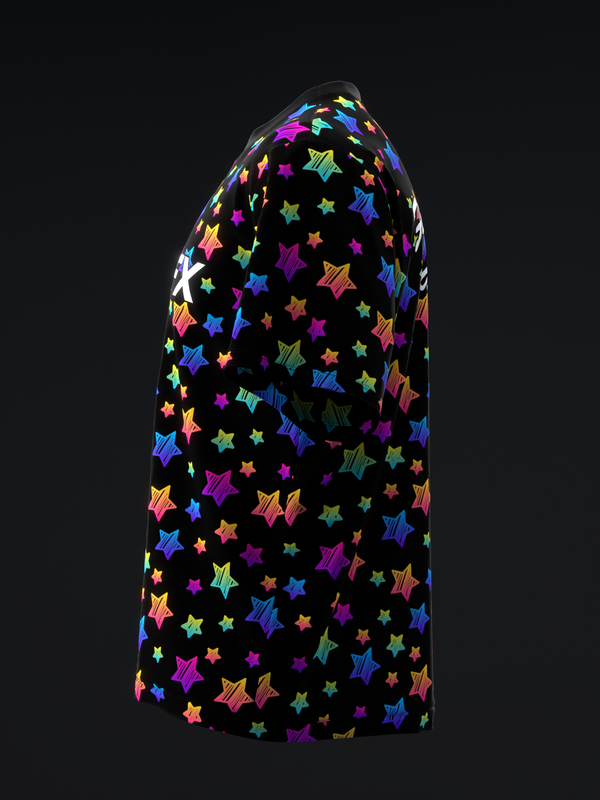 Black bowling jersey with colorful neon stars allover pattern, front view