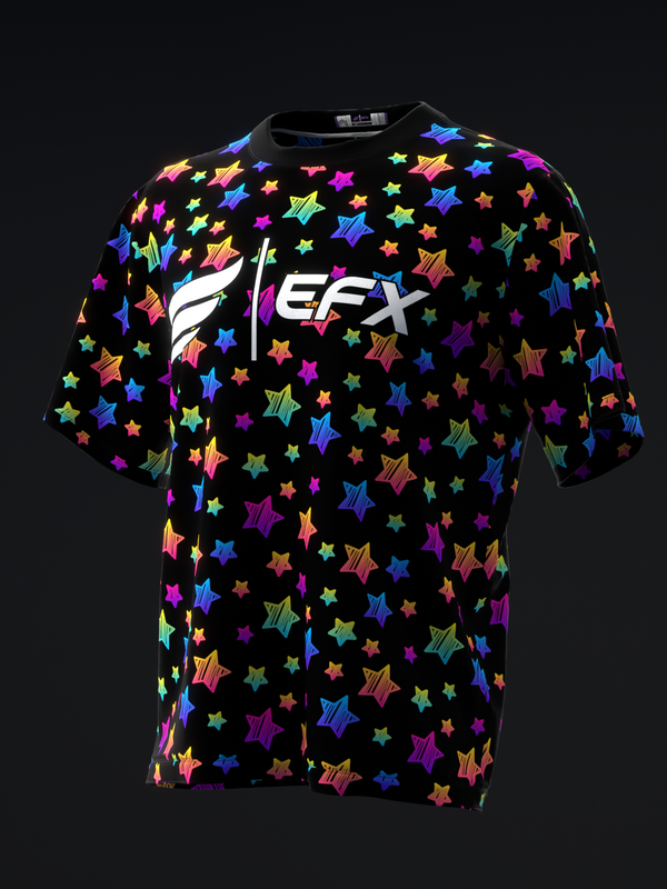 Black bowling jersey with multicolor star pattern and EFX logo, front view