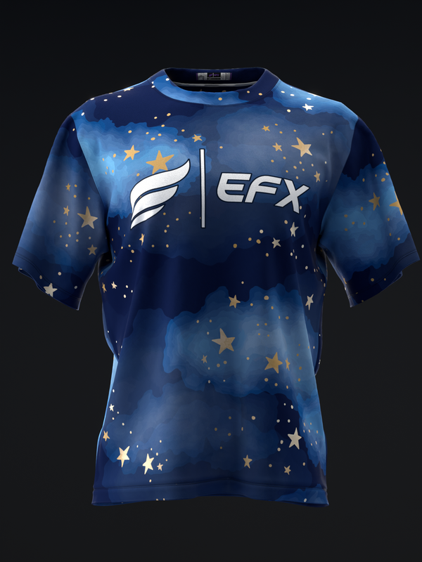 Dark blue bowling jersey with scattered gold and white stars and EFX logo