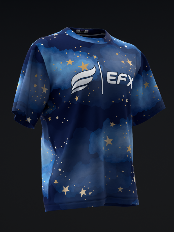 Navy bowling jersey with scattered gold and white stars and EFX logo, front view