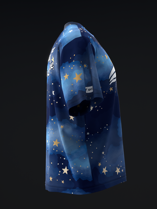 Blue bowling jersey with scattered gold and white stars, side view