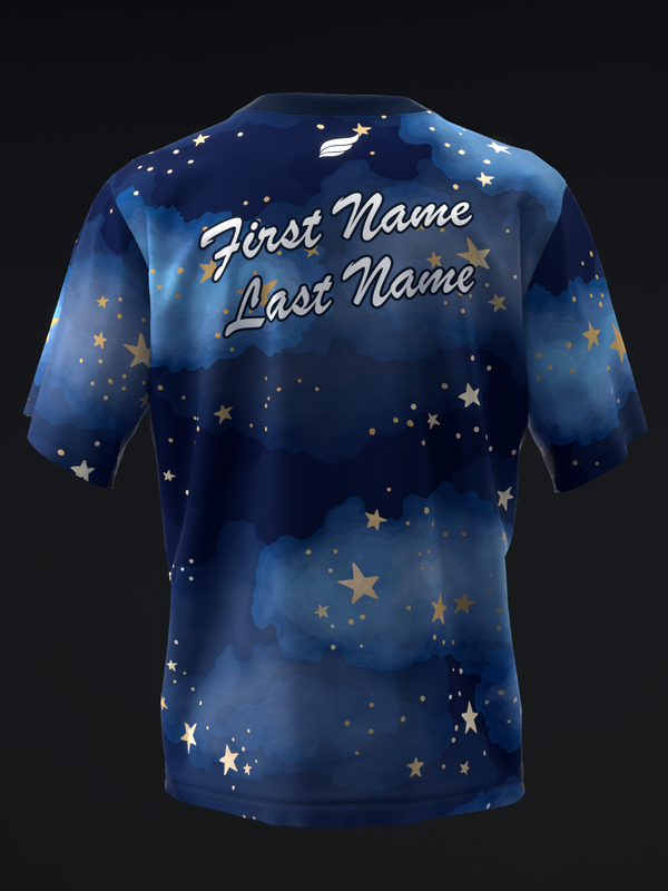 Dark blue bowling jersey with gold and white scattered stars design, front view