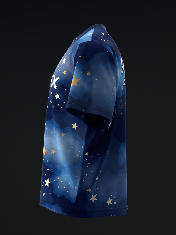 Navy blue bowling jersey with scattered gold and white stars, side view