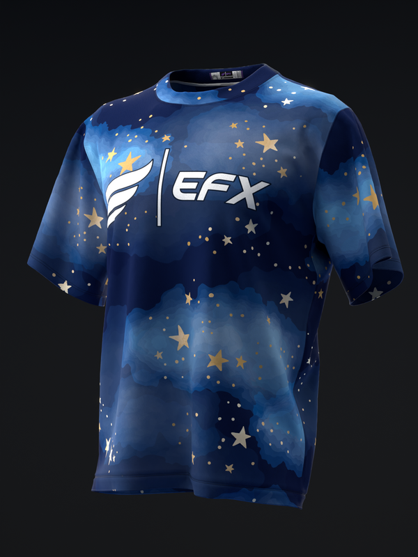 Blue bowling jersey with gold and white stars and EFX logo, front view