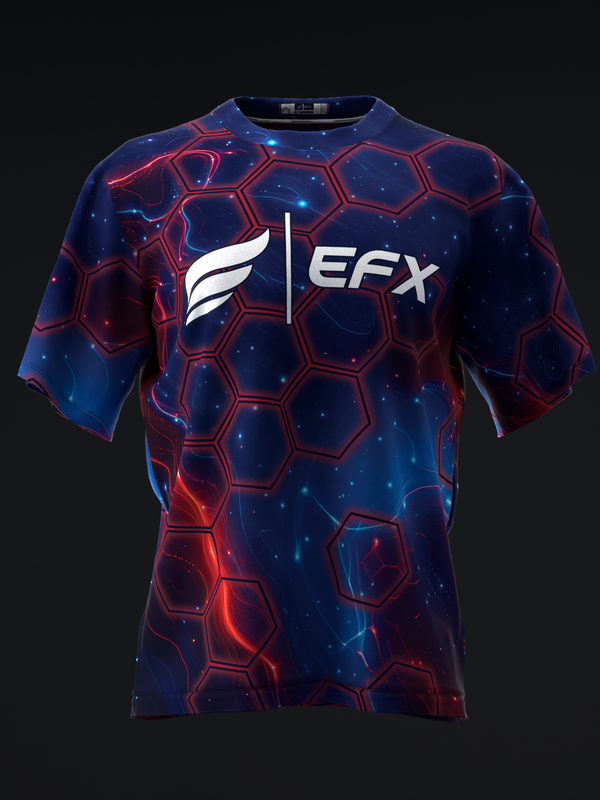 Navy blue bowling jersey with red neon hexagon pattern and EFX logo, front view
