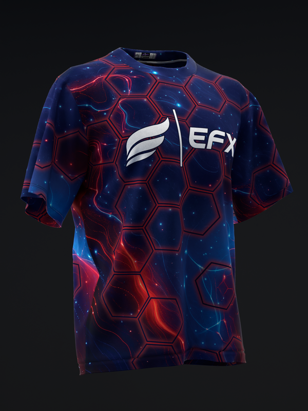 Navy bowling jersey with red neon hexagon pattern and EFX logo, front view