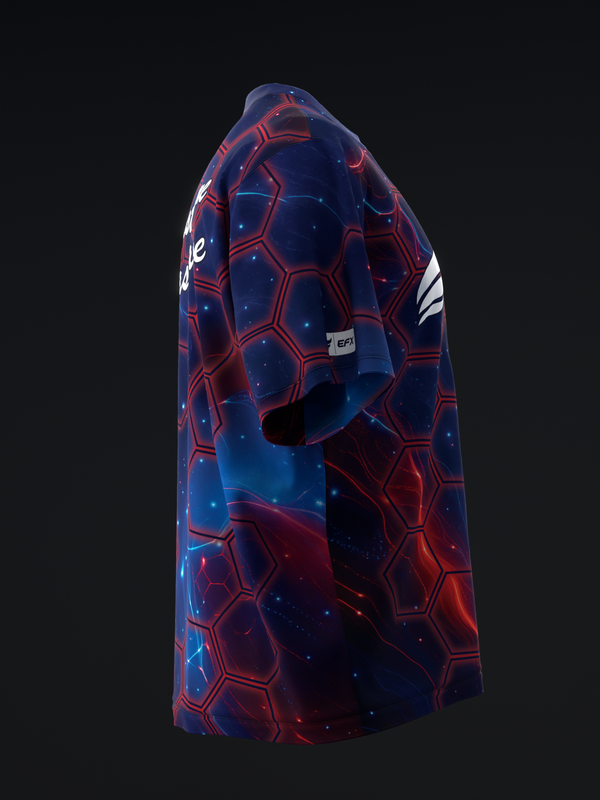 Blue and red hexagonal pattern bowling jersey with white sleeve accents, side view