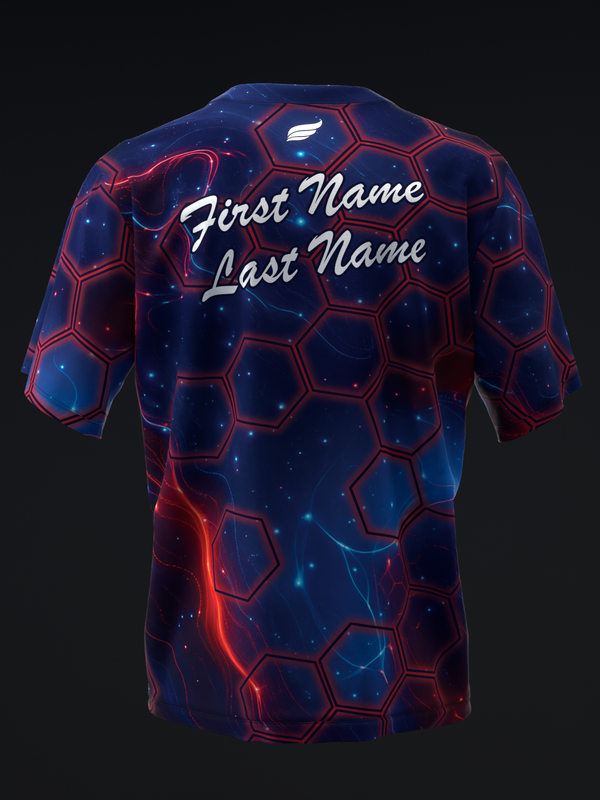 Blue bowling jersey with red hexagon pattern and personalized name text, back view