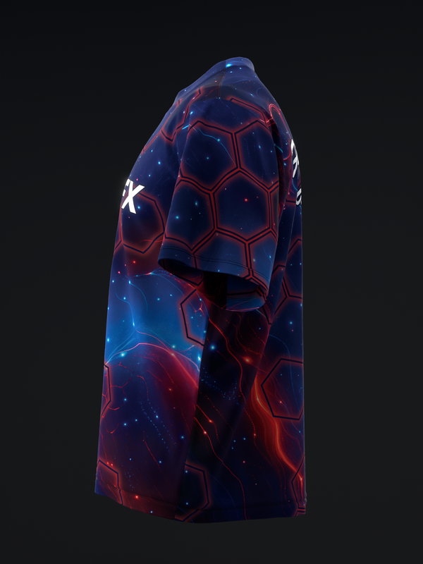 Blue and red bowling jersey with glowing hexagon and circuit pattern design