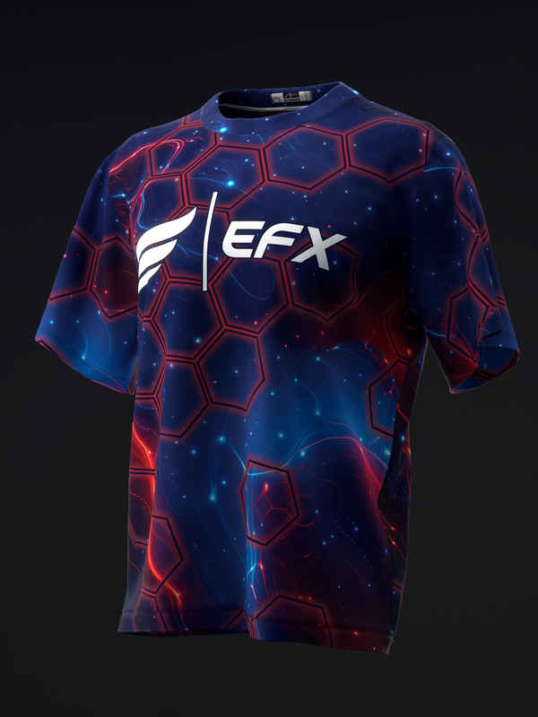 Navy bowling jersey with red hexagon grid pattern and blue glowing accents, EFX logo front view