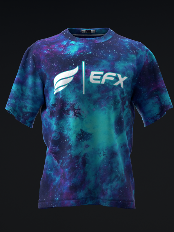 Blue and purple galaxy tie-dye bowling jersey with EFX logo, front view