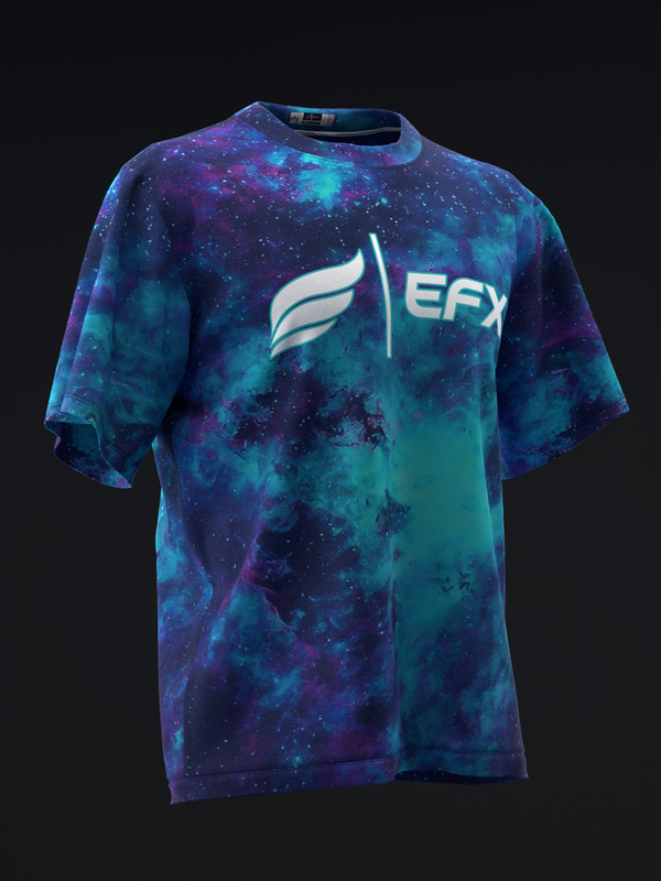 Blue and purple galaxy tie-dye bowling jersey with EFX logo, front view