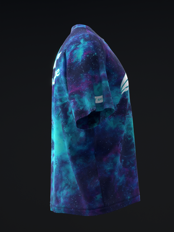 Blue and purple galaxy-print bowling jersey, side view on mannequin