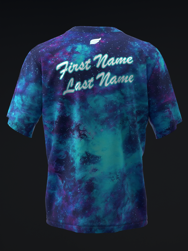 Blue and purple galaxy tie-dye bowling jersey back view with custom name text