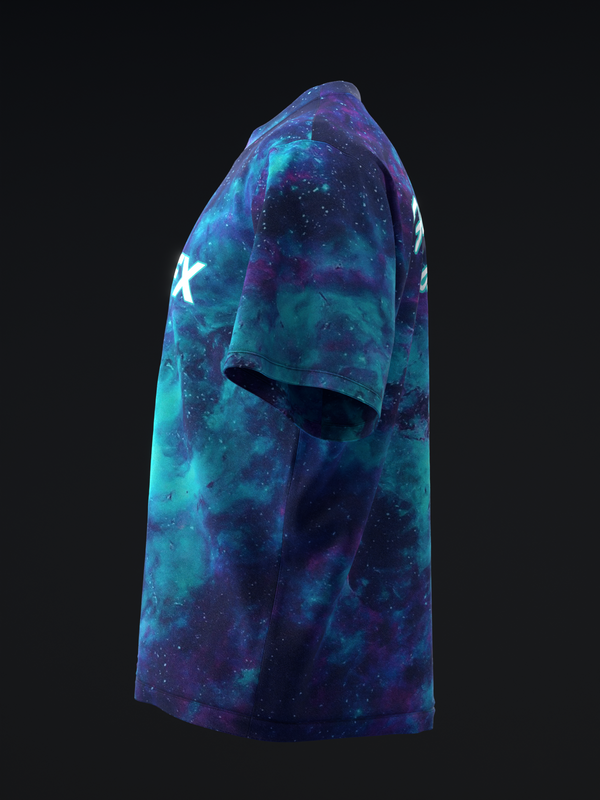 Blue and purple galaxy-print bowling jersey with white star graphic on sleeve