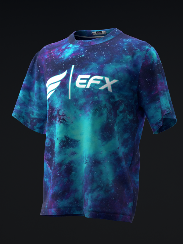 EFX bowling jersey in blue and purple galaxy print with white logo