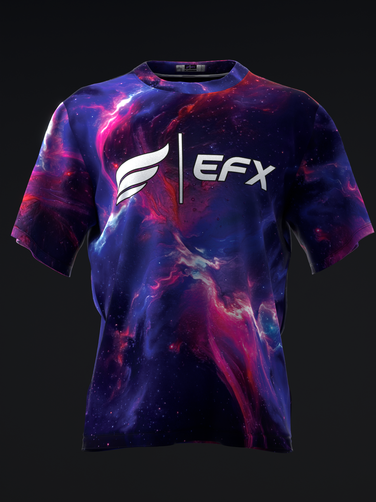 Purple and pink cosmic galaxy print bowling jersey with EFX logo
