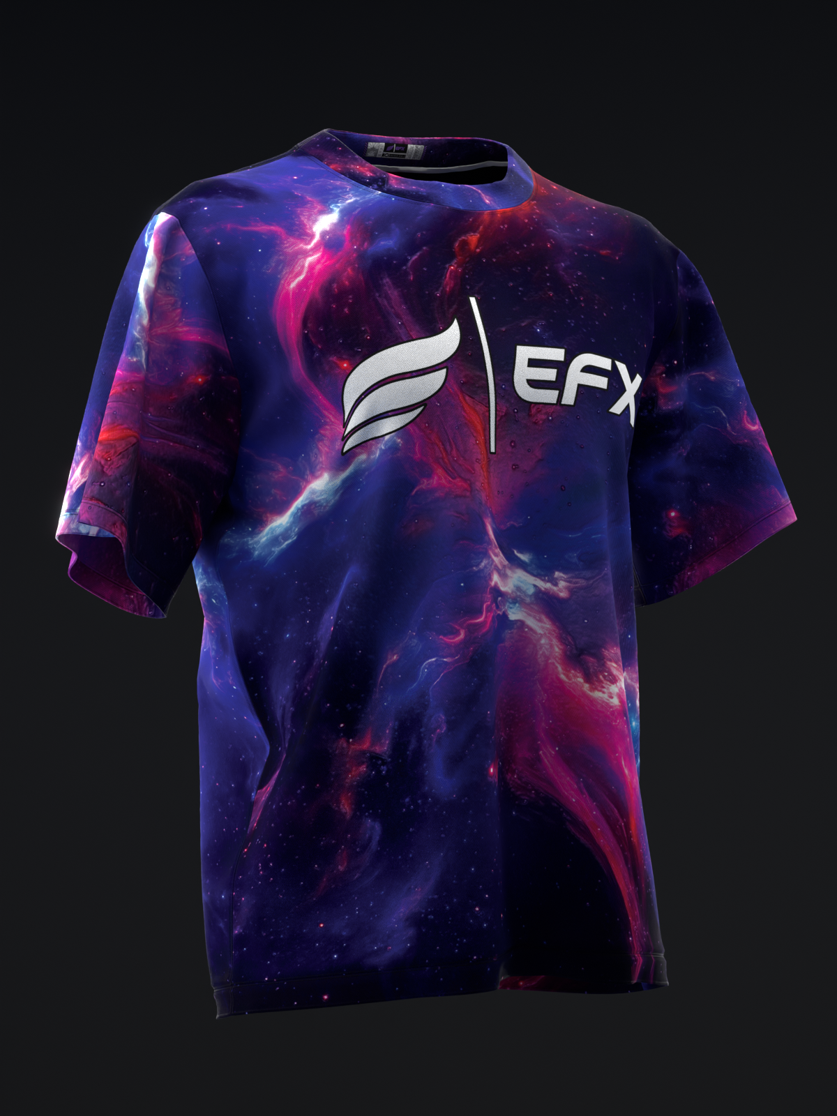 Purple and pink galaxy print bowling jersey with white EFX logo, front view