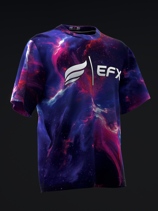 Purple and pink galaxy print bowling jersey with white EFX logo, front view