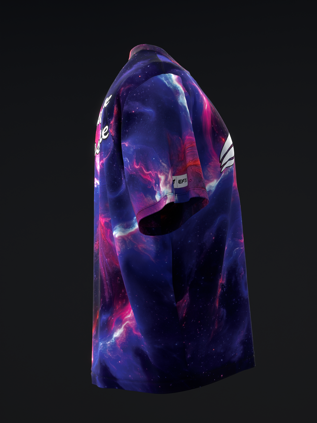 Purple bowling jersey with cosmic nebula pattern and pink accents, back view