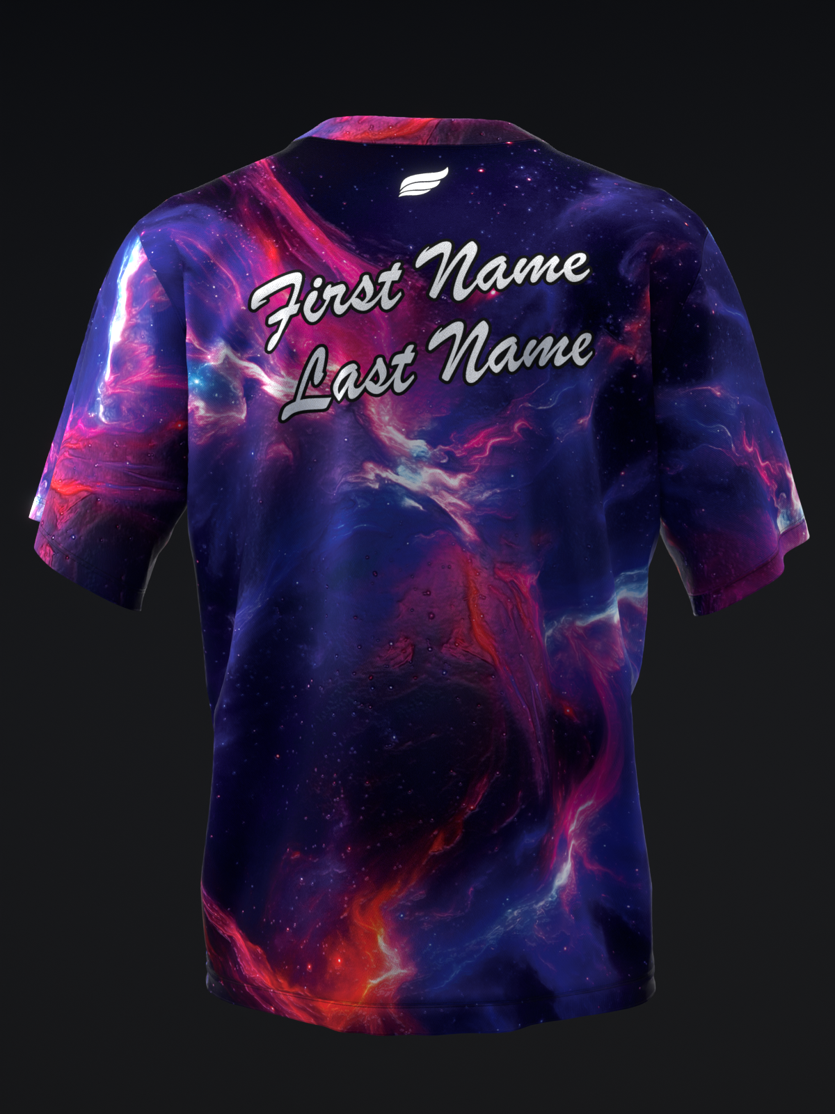 Navy and pink cosmic galaxy bowling jersey with personalized name text on back