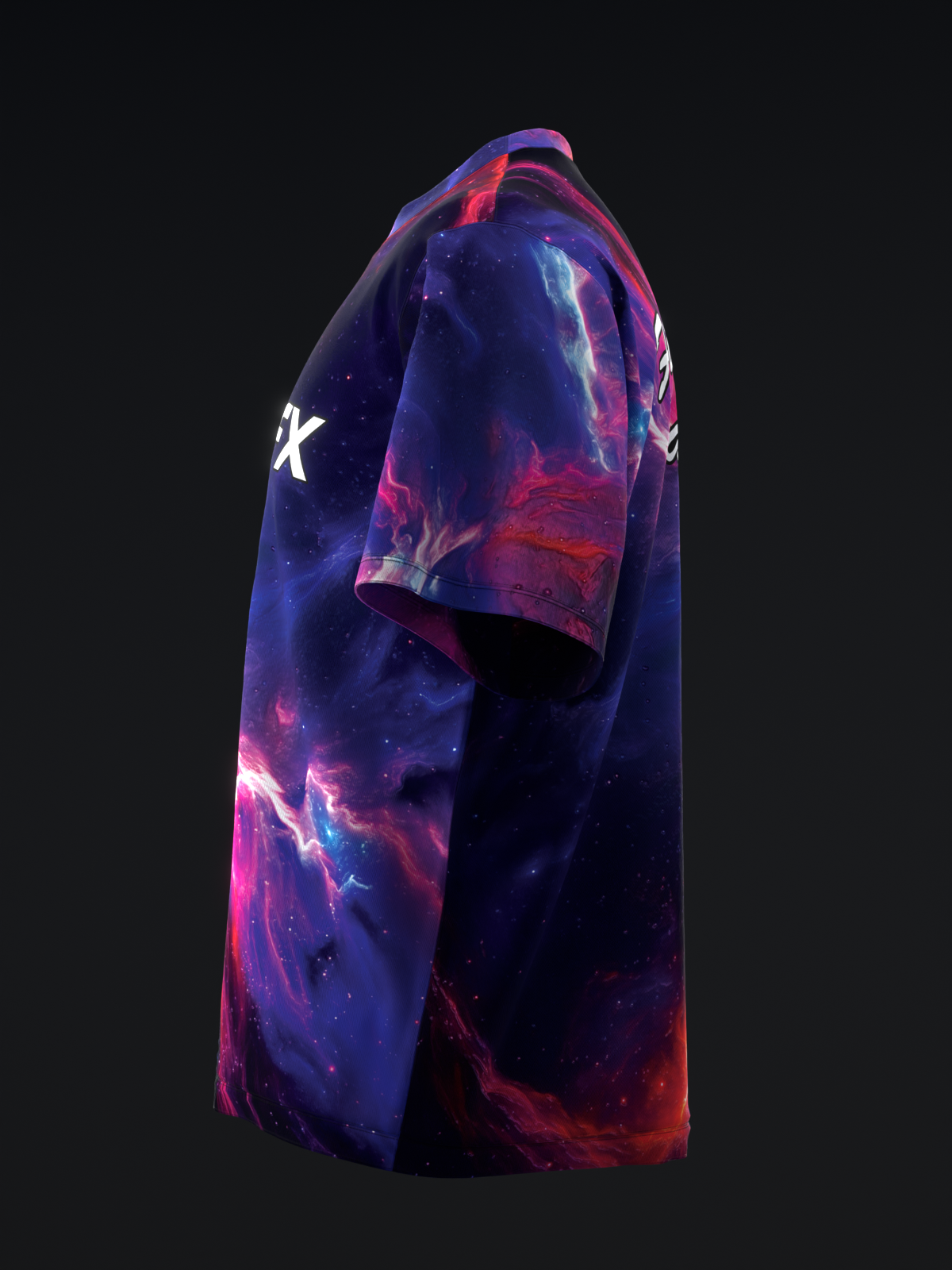 Bowling jersey with galaxy nebula print in purple, pink, and blue tones