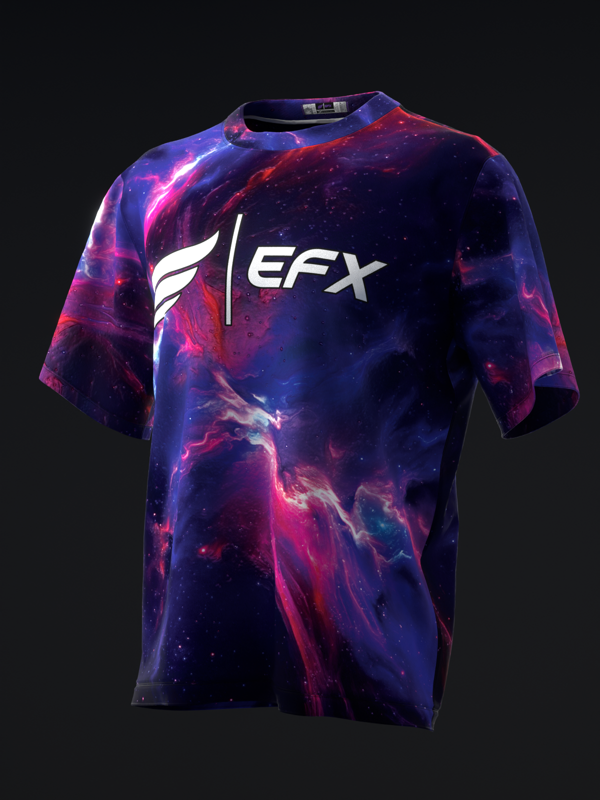 Front view of EFX bowling jersey with cosmic nebula pattern in purple and pink tones