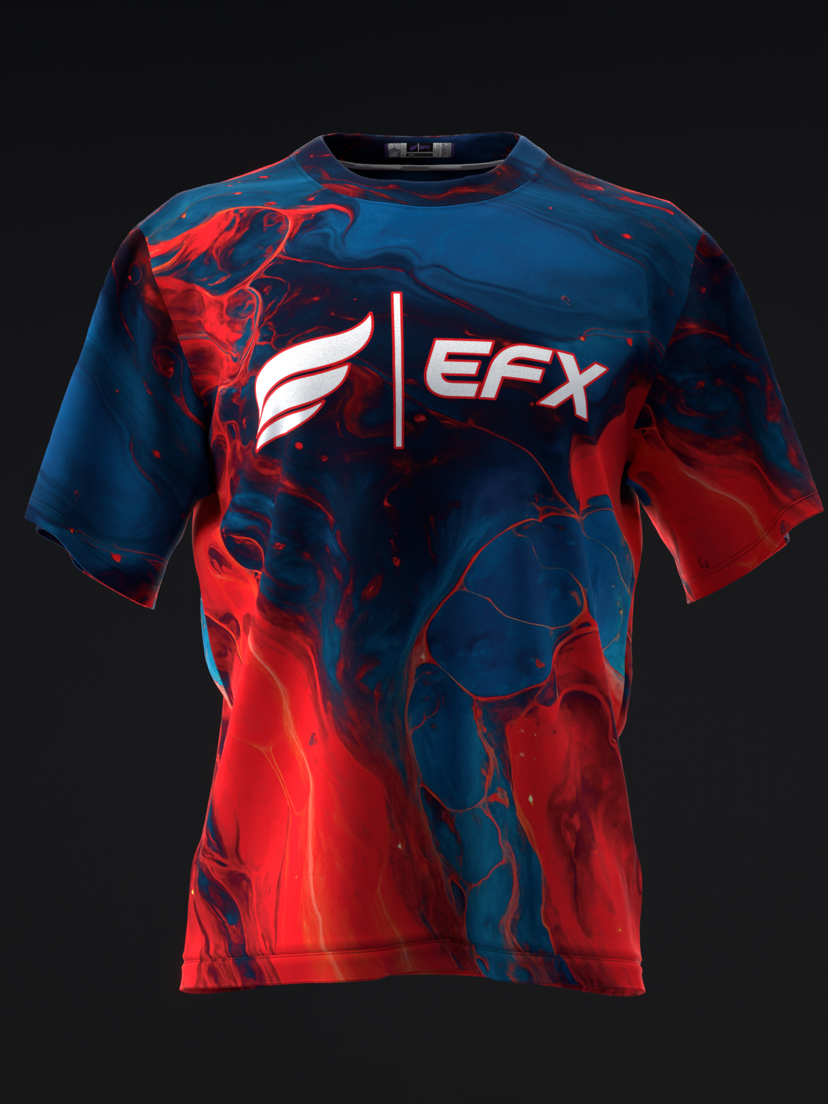 Red and navy bowling jersey with EFX logo and abstract liquid design, front view