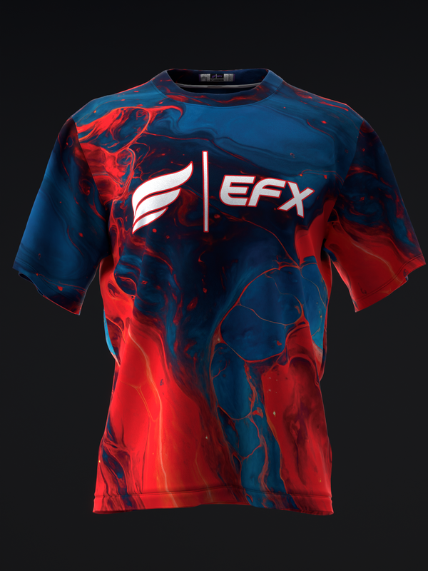 Red and navy bowling jersey with EFX logo and abstract liquid design, front view