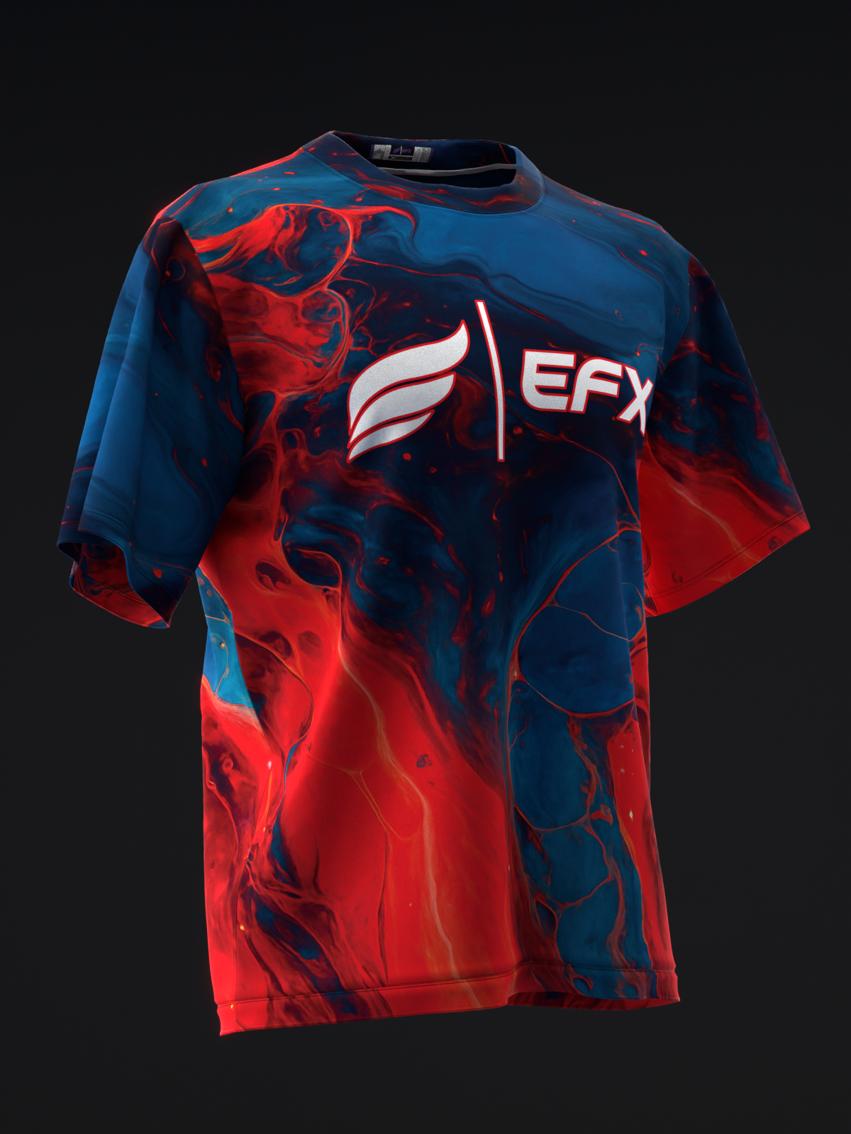 Red and navy bowling jersey with abstract fluid graphic and EFX logo, front view