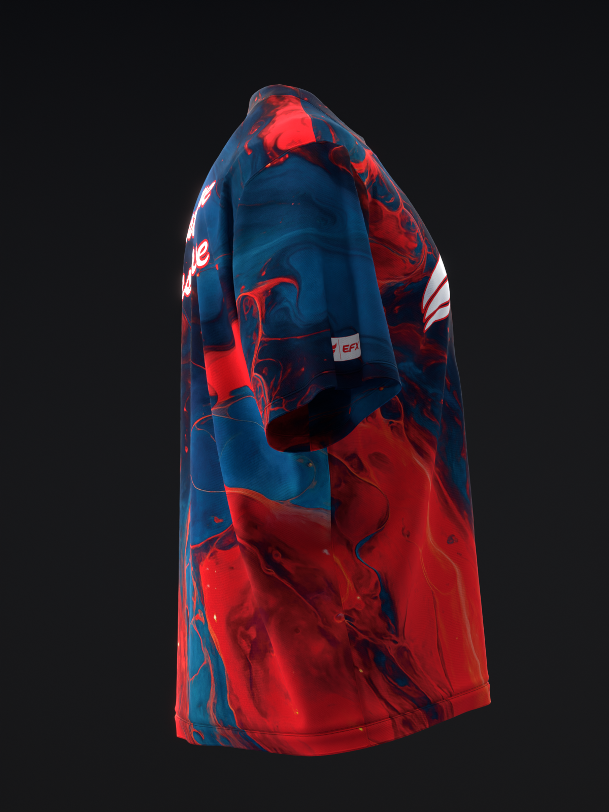 Blue and red bowling jersey with abstract liquid pattern design, side view