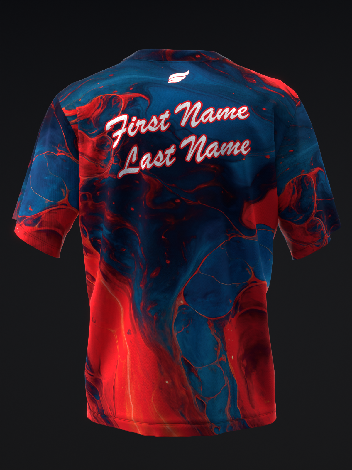 Navy and red bowling jersey with abstract swirl pattern and personalized name text back view