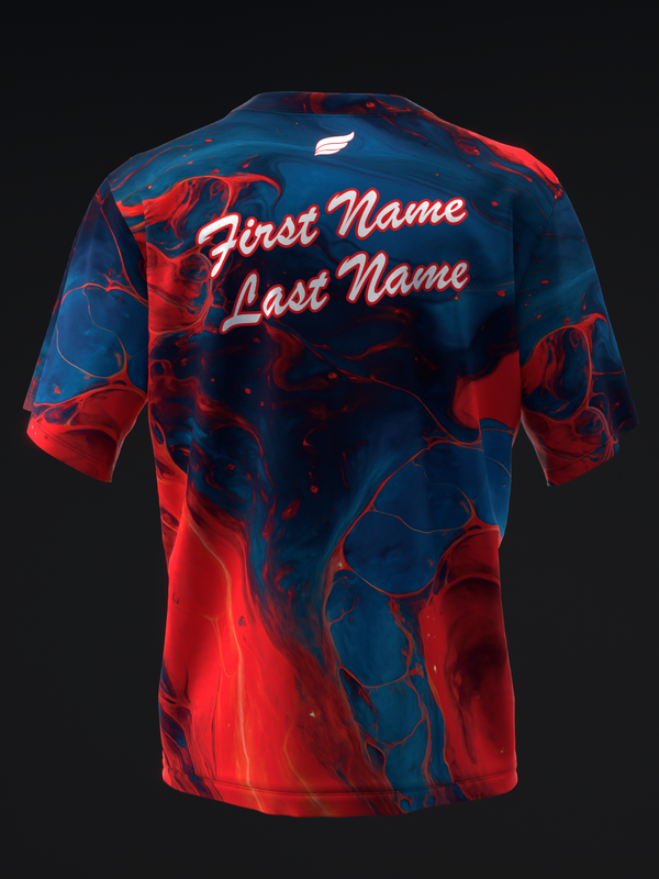 Navy and red bowling jersey with abstract swirl pattern and personalized name text back view