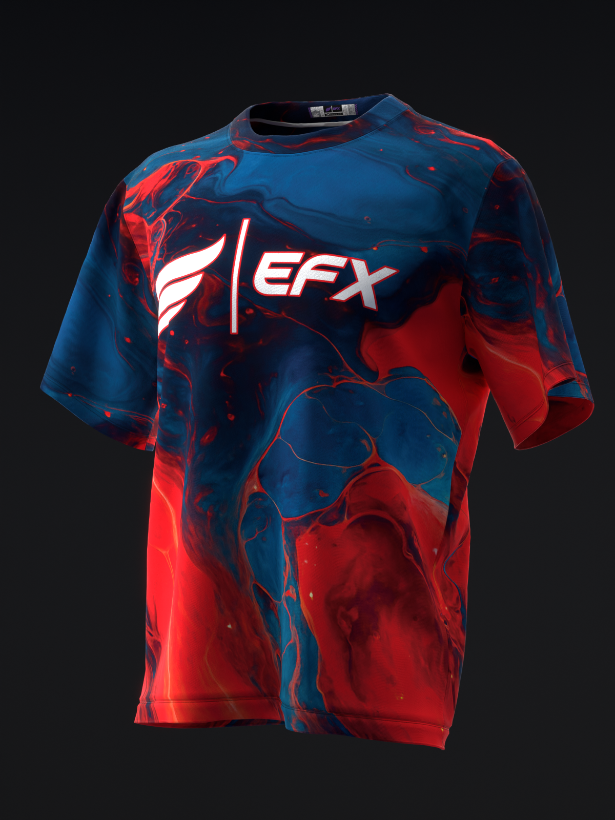 Red and navy bowling jersey with EFX logo and abstract liquid pattern, front view