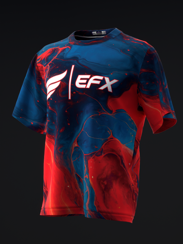 Red and navy bowling jersey with EFX logo and abstract liquid pattern, front view