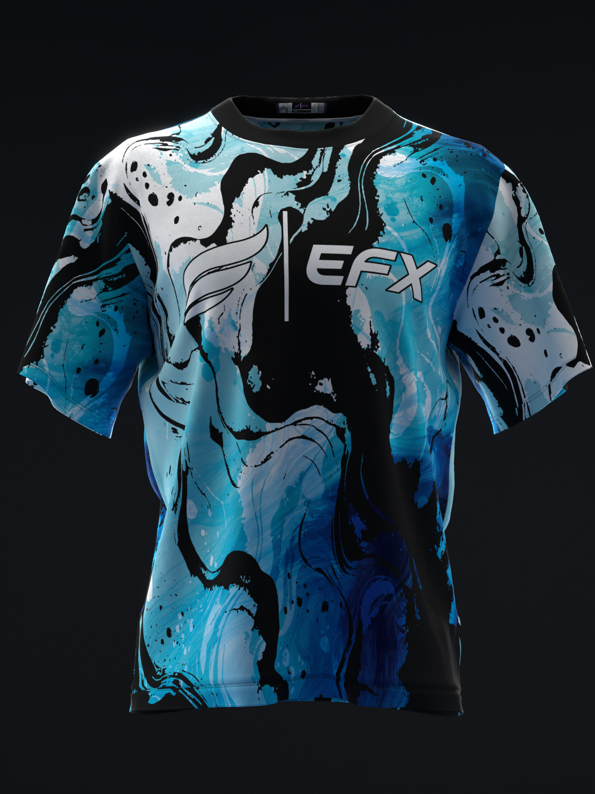 EFX bowling jersey with blue and black abstract liquid marble pattern, front view