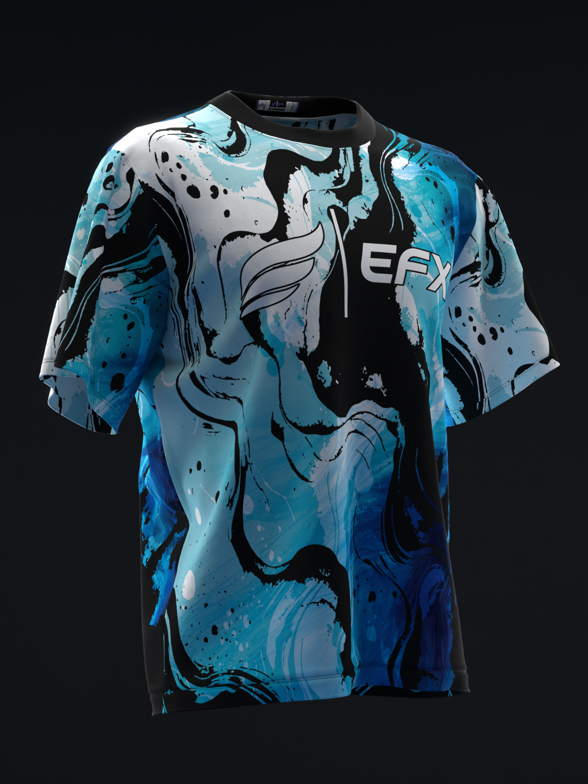 Front view of a bowling jersey with abstract blue and black watercolor-style design and EFX branding.