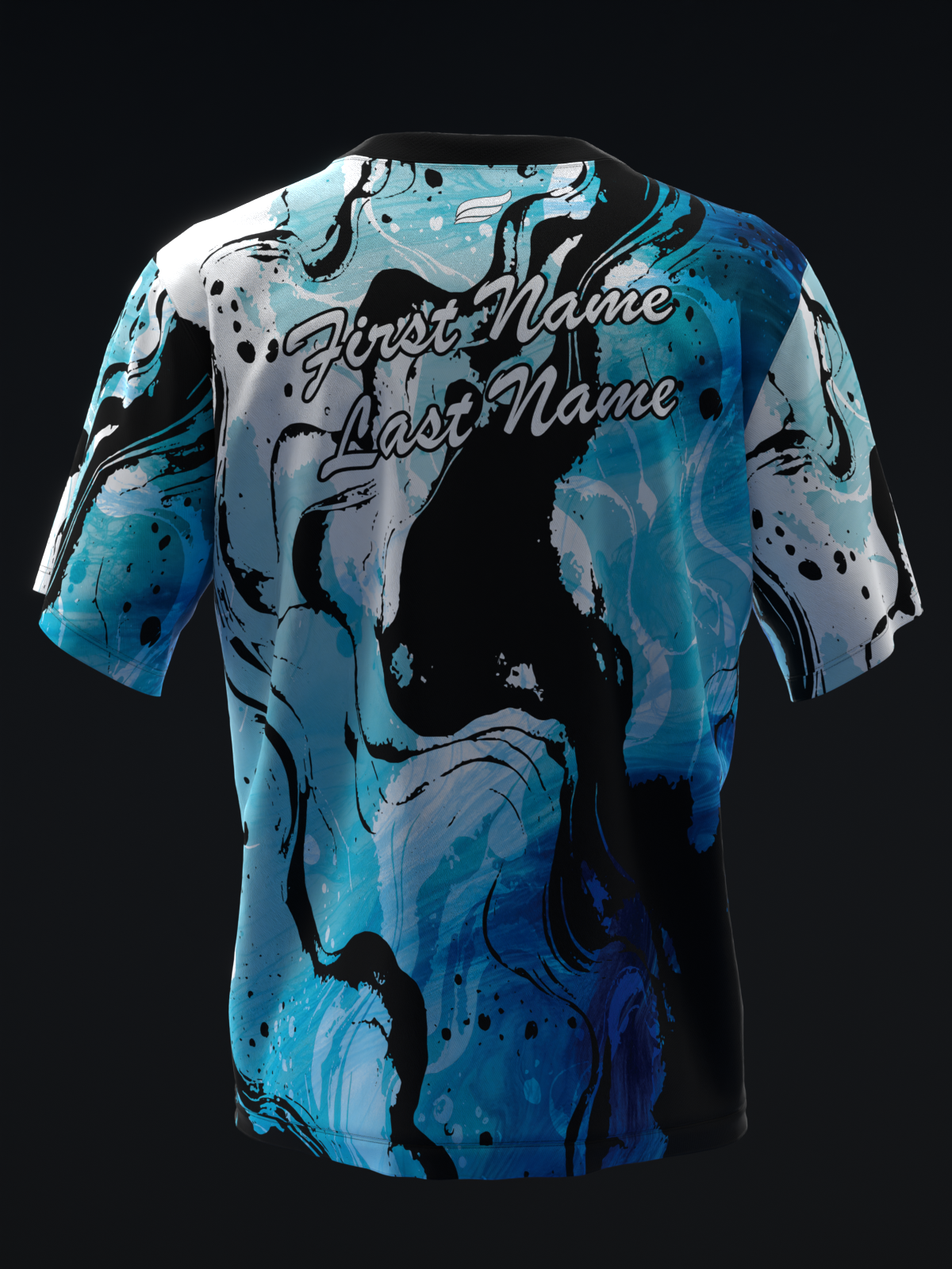 Blue and black marbled bowling jersey with personalized name placeholders on front