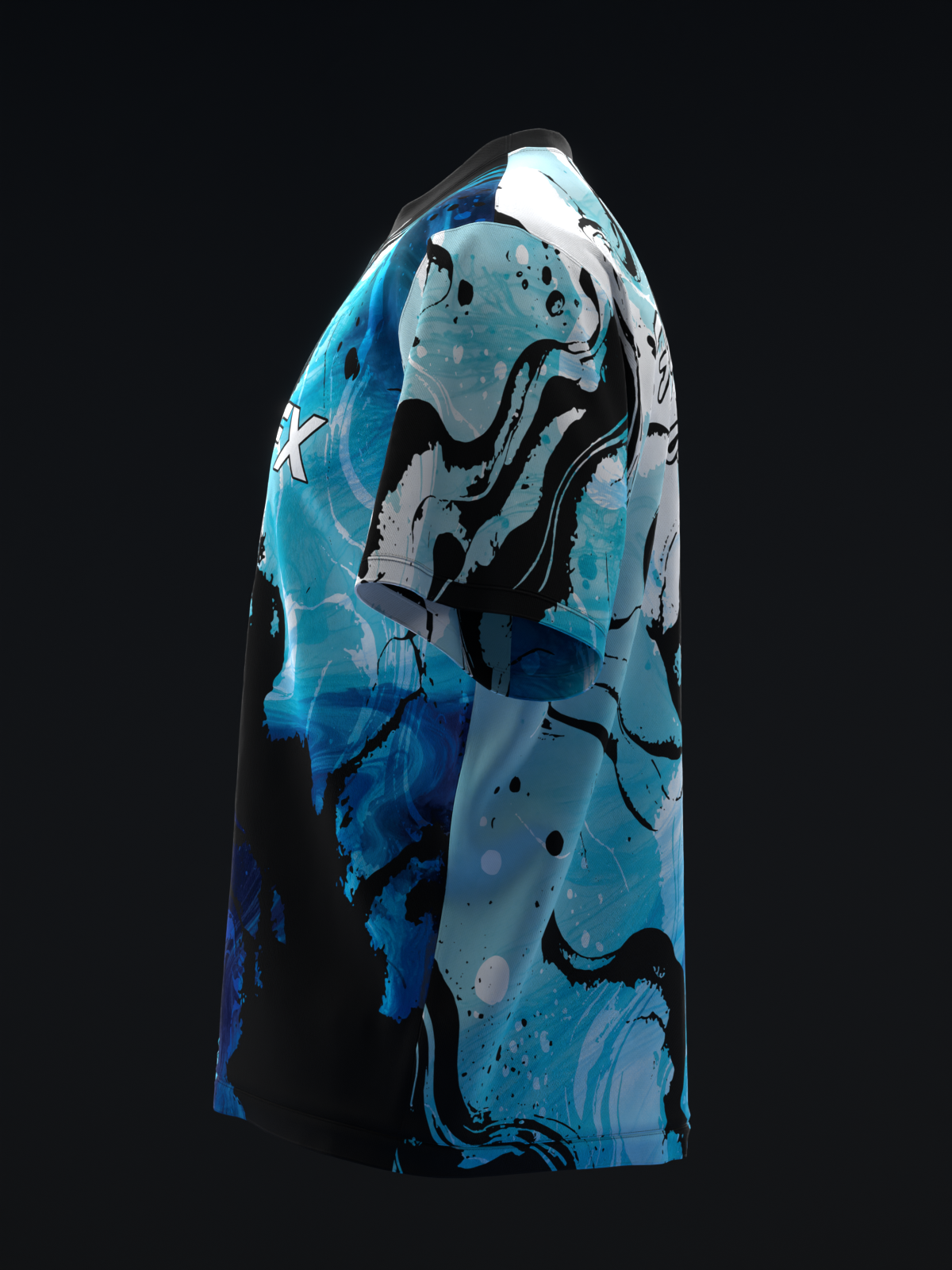 Blue and black bowling jersey with abstract watercolor graphic design, front view