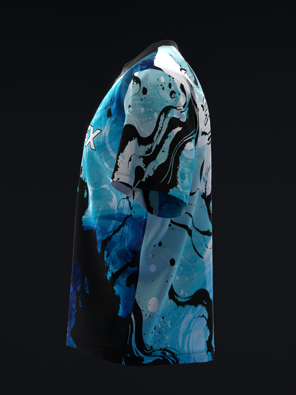 Blue and black bowling jersey with abstract watercolor graphic design, front view