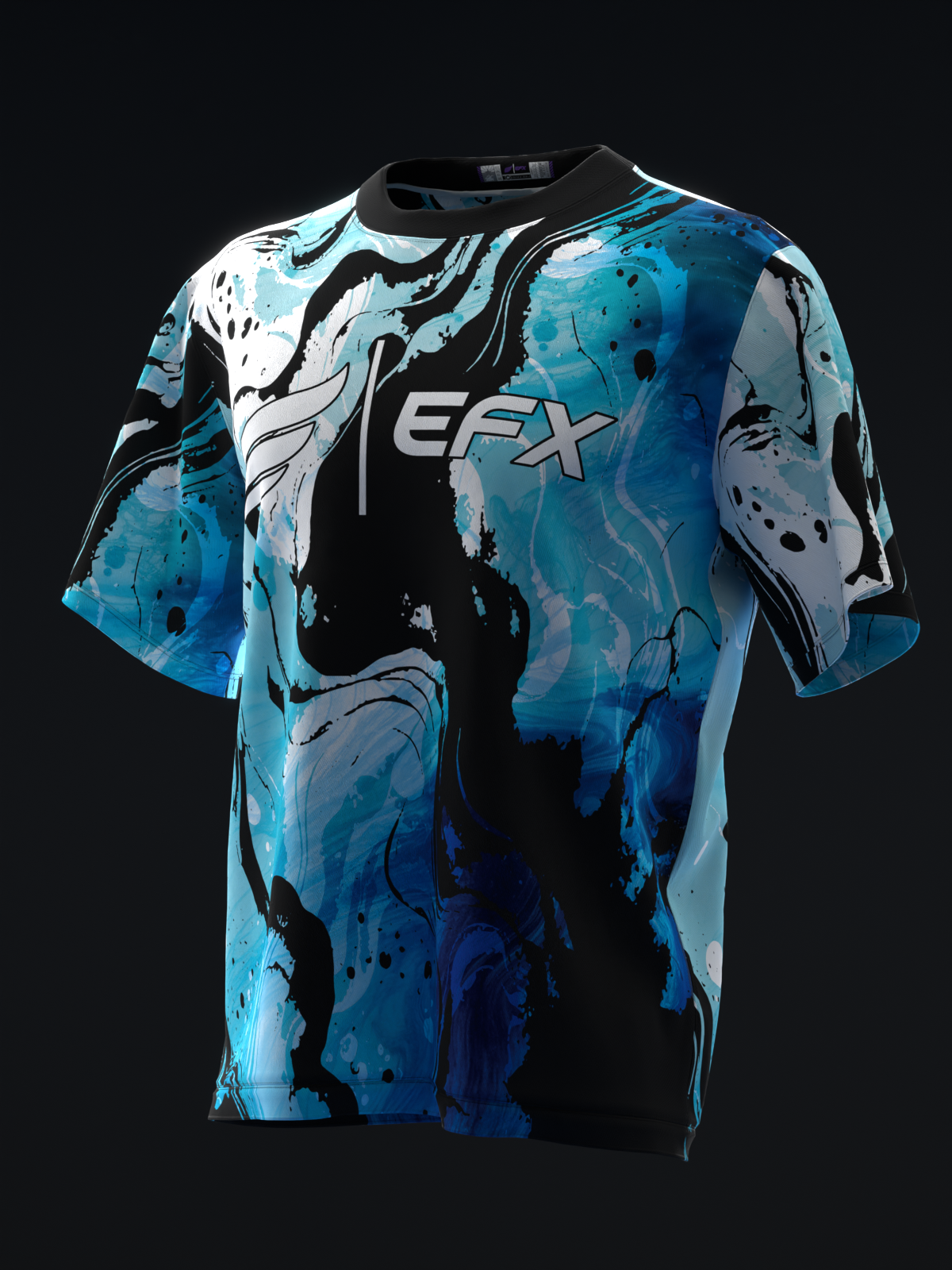 EFX bowling jersey front view with blue abstract watercolor design and white logo