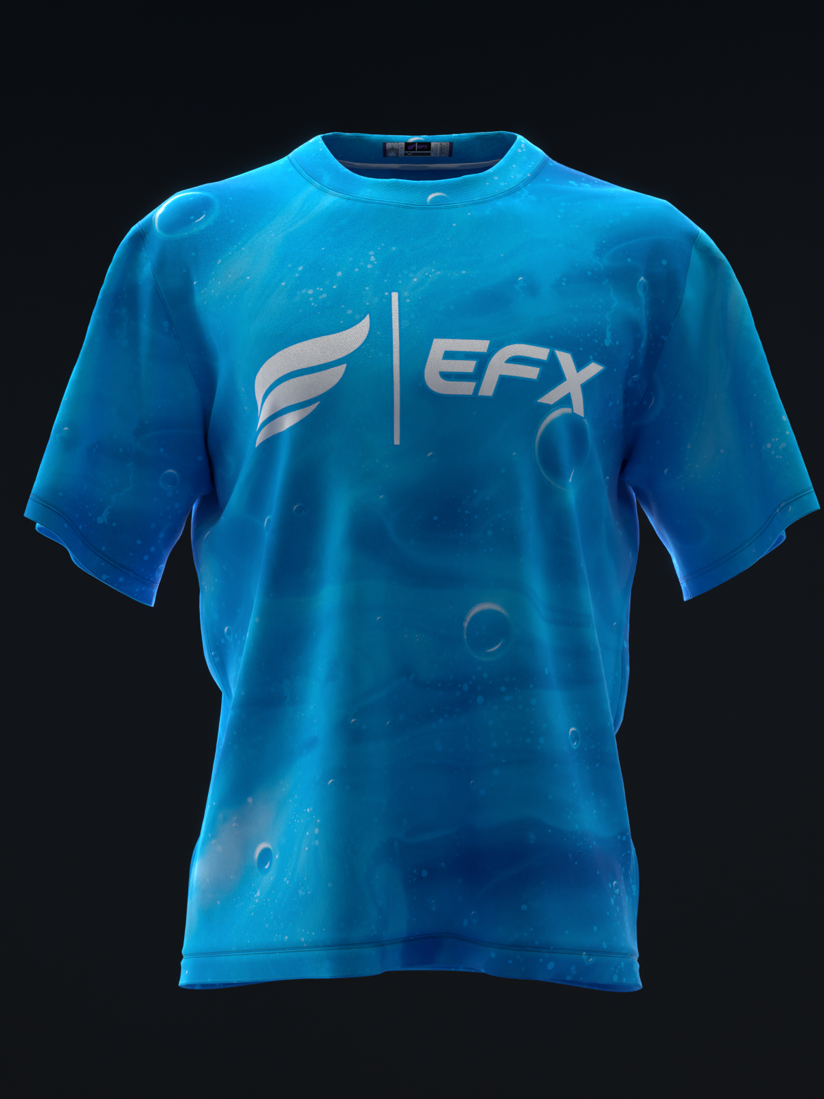 Bright blue bowling jersey with EFX logo and wing graphic on front