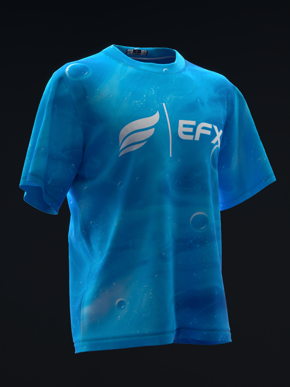 Bright blue bowling jersey with EFX logo and water droplet design details