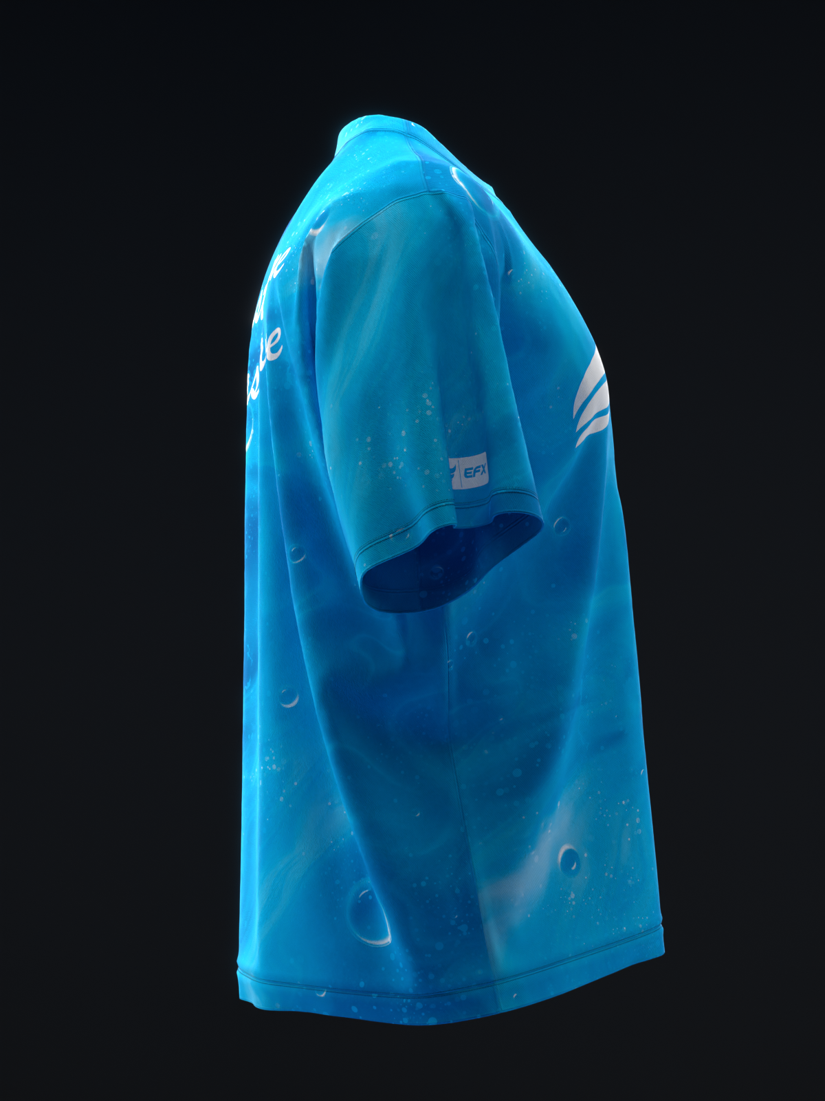 Bright blue bowling jersey with white graphic design and brand logo visible